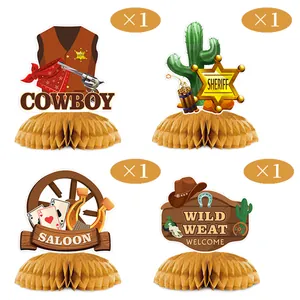 Set of 4 wild west cowboy party honeycomb table centerpieces with desert theme designs