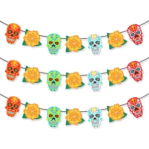 Bannière de fête Jour des Morts avec masques de crânes colorés et fleurs de souci