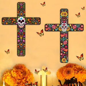 Croix décoratives Jour des Morts avec têtes de mort et fleurs de souci murales