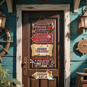 Close-up of pirate theme hanging wood signs with ship, treasure map, and parrot icons