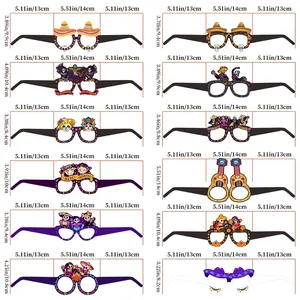 Size guide for 12 Day of the Dead themed glasses showing frames and temple dimensions