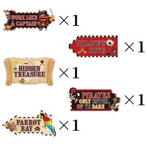 5-piece pirate party yard signs featuring captain, treasure map, and parrot motifs