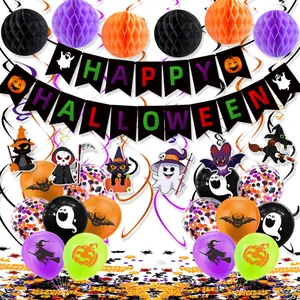 Halloween Feest Decoratie Set Happy Halloween Banner Honingraat Ballen Latex Ballonnen Hangende Spiralen Voor Winkelcentrum School Huis