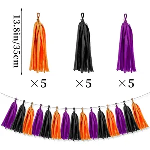Set of 15 Halloween paper tassels in orange black and purple for party hanging decor