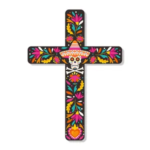 Mexican Day of the Dead cross wall decor with colorful marigolds and sugar skull