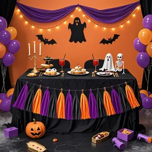 Halloween party decoration set with orange black and purple paper tassels and balloons