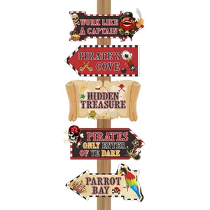 Pirate theme party yard signs set with cartoon characters and treasure map icons