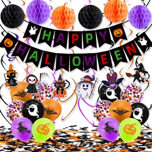Halloween feest decoratie set met banner, ballonnen en papieren honingraat ballen voor sfeer
