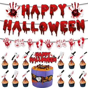 Halloween Bloody Birthday Party Decoration Set Paper Horror Bloody Handprint Banner Cake Toppers Honeycomb Centerpieces