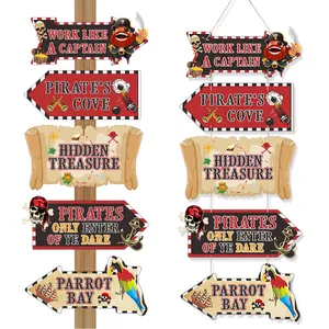 Detail of pirate party yard signs showing five styles like Pirate's Cove and Hidden Treasure