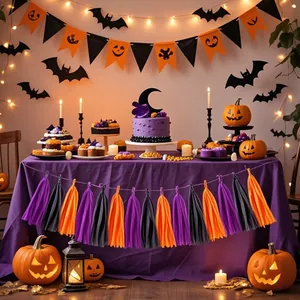 Halloween party decoration set with orange black and purple paper tassels and bat banners