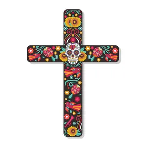 Detailed Mexican Day of the Dead flower cross wall decor with sugar skull pattern