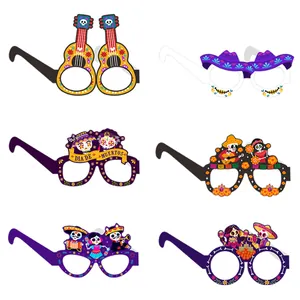 Lot de 6 lunettes Jour des Morts avec motifs de crânes, guitares et soucis orange