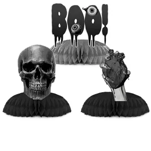 Halloween party centerpiece set featuring skeleton, BOO! sign, and spooky heart designs
