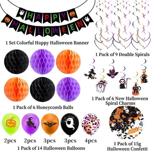 Complete Halloween decoratieset met banner ballonnen honingraatballen en slingers