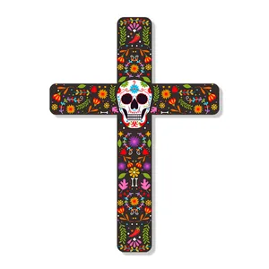 Detailed close-up of Mexican Day of the Dead floral cross with colorful sugar skull pattern