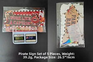 5-piece pirate party garden signs with packaging showing dimensions and weight metrics