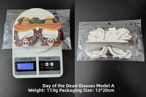 Vue détaillée des lunettes en papier Jour des Morts emballées avec dimensions et poids