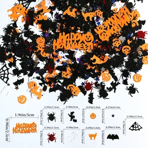 Gedetailleerde afmetingen voor Halloween confetti set met pompoenen, vleermuizen en spinnen