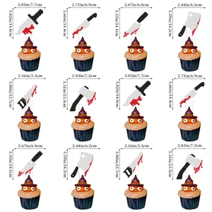 Detailed dimensions of bloody weapon cupcake toppers for Halloween party decorations