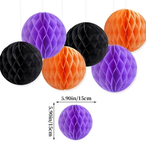 Halloween papieren honingraatballen set in oranje paars en zwart met 15 cm diameter maat