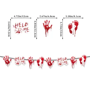 Detailed size specifications for Halloween bloody handprint and HELP ME banner bunting decor