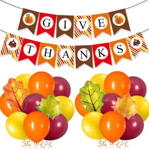 GIVE THANKS party decoration set with banners, maple leaf balloons and harvest colors