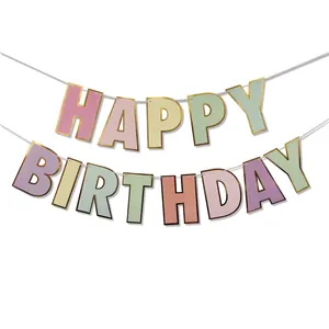 Pastel Happy Birthday banner with gold foil edges and colorful macaron letter cards