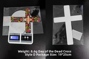 Detailed view of colorful Day of the Dead flower cross showing weight and dimensions