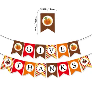 Detail of GIVE THANKS burlap banner with pumpkin and turkey for Thanksgiving decor