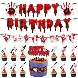 Detailed Halloween horror party set featuring bloody handprint banner and cupcake toppers