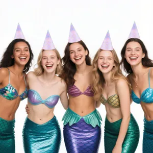 Panoplie fête sirène avec haut à paillettes, jupe écailles et chapeaux de fête brillants