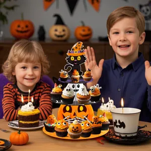 Βάση για cupcake 3 επιπέδων για Halloween με σχέδια μαύρης γάτας, κολοκύθας και φαντάσματος