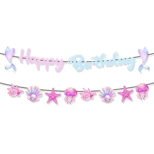 Banderole Happy Birthday sirène avec éléments océaniques aquarelle coquillage et méduse