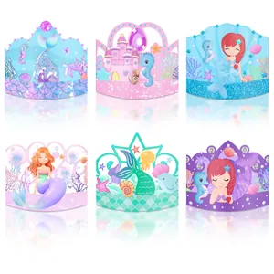Mermaid Theme Birthday Party Paper Crown Hats Ocean World Glitter Cartoon Mermaid Sea Animal Headband Party Decor For Kids