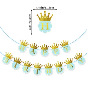 Blue cloud Happy Birthday banner with gold crowns and dimensions 11.3x15 cm