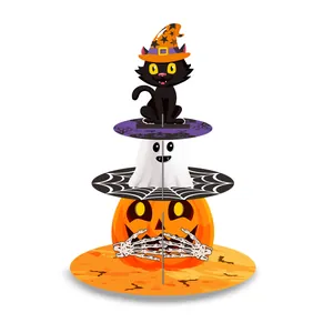 Βάση γλυκών Halloween 3 επιπέδων με σχέδια μαύρης γάτας, φαντάσματος και κολοκύθας