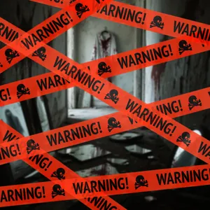 Dettaglio del nastro segnaletico arancione di Halloween con teschi e testo Warning