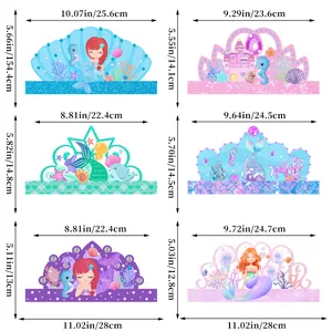 Set of 6 mermaid party cone hats with sea creature designs for birthday decorations