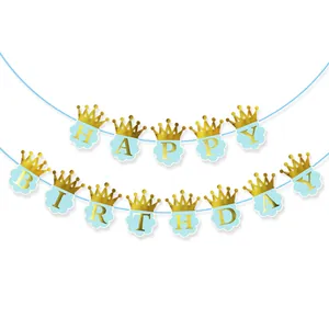 Golden Crown Happy Birthday Banner Blue Cloud Letter Garland Kids Boys Birthday Party Decorations Paper Hanging Decor