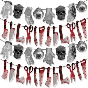 Banner de Terror de Halloween Cuchillos Ensangrentados Manos Pies Cortados Calaveras Ojos Guirnalda Decoración Fiesta Casa Encantada