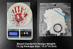 Detailed packaging view of Halloween bloody handprint banner decorations with dimensions