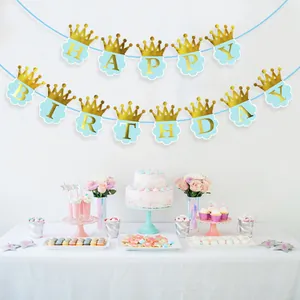 Blue cloud-shaped Happy Birthday banner with gold crown design for boys party