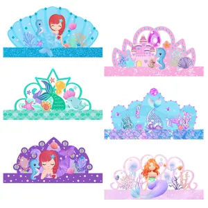 Set of 6 colorful mermaid theme party paper crowns for children with ocean creature designs