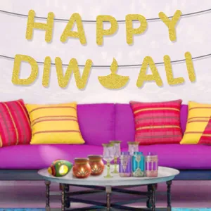 Glittery gold Happy Diwali banner with Diya icon for 2025 Indian festival party decor
