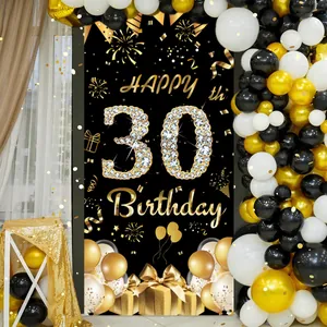 Elegante zwart-gouden 30e verjaardag achtergrond met ballonnen en strass tekst