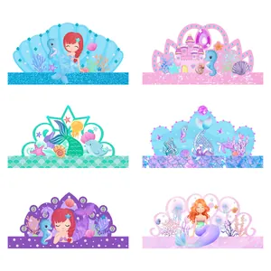 Set of 6 colorful mermaid theme paper crown hats for ocean world birthday party