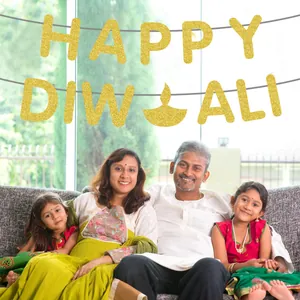 Golden glitter Happy Diwali banner with Diya lamp symbols for festive home party decor