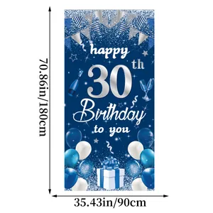 Verticale 30ste verjaardag banner 180x90cm in blauw met ballonnen en champagne
