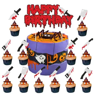 Halloween bloody weapon cake topper set with Happy Birthday banner for horror parties